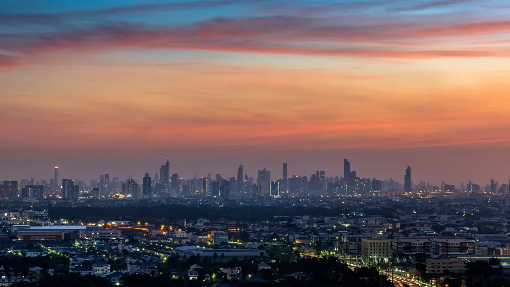 City skyline at sunset